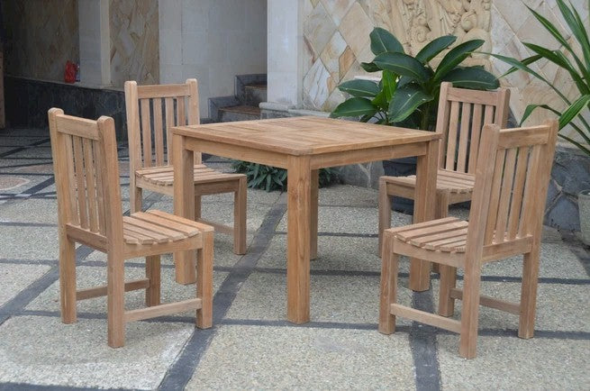 Wooden dining set with table and chairs on a patio