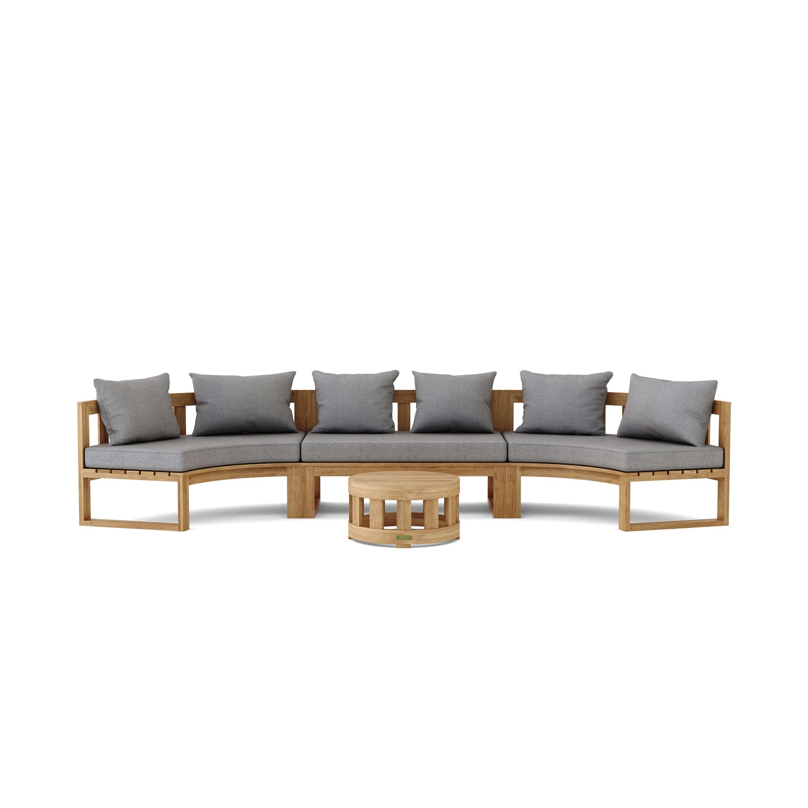 Wooden outdoor sofa with gray cushions on a white background