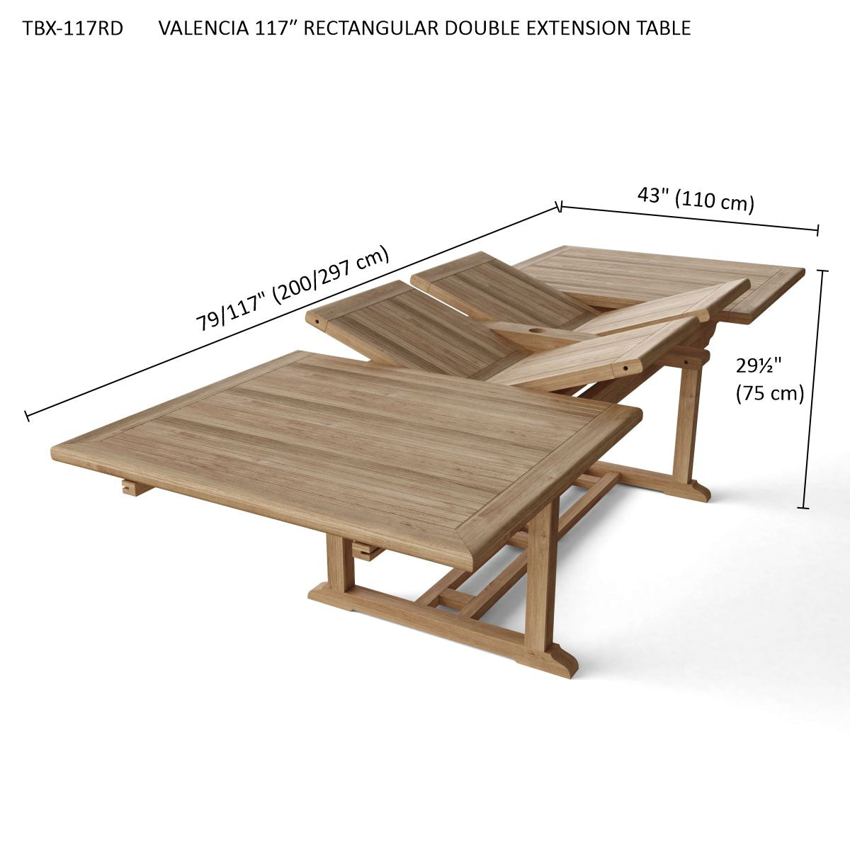 Valencia 117" rectangular double extension table with dimensions on a white background
