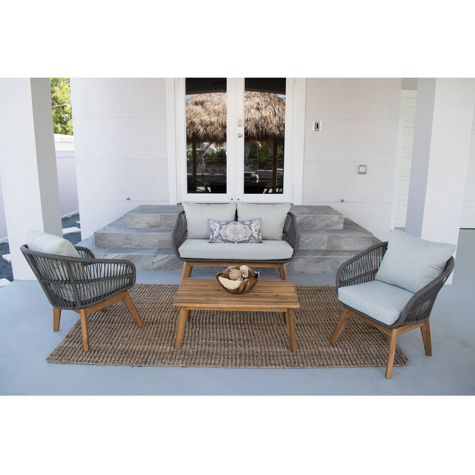 Hospitality Rattan Divers Cove 4-Piece Settee Acacia Wood Set - natural acacia wood patio settee set