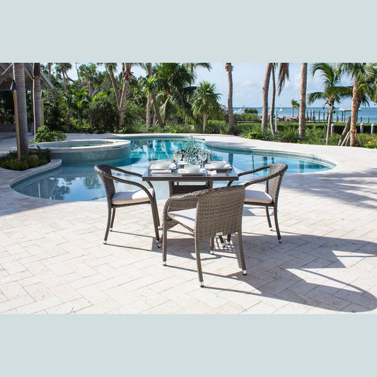 Ultra 5-Piece Stackable Woven Armchair Dining Set with Cushions | Hospitality Rattan Patio