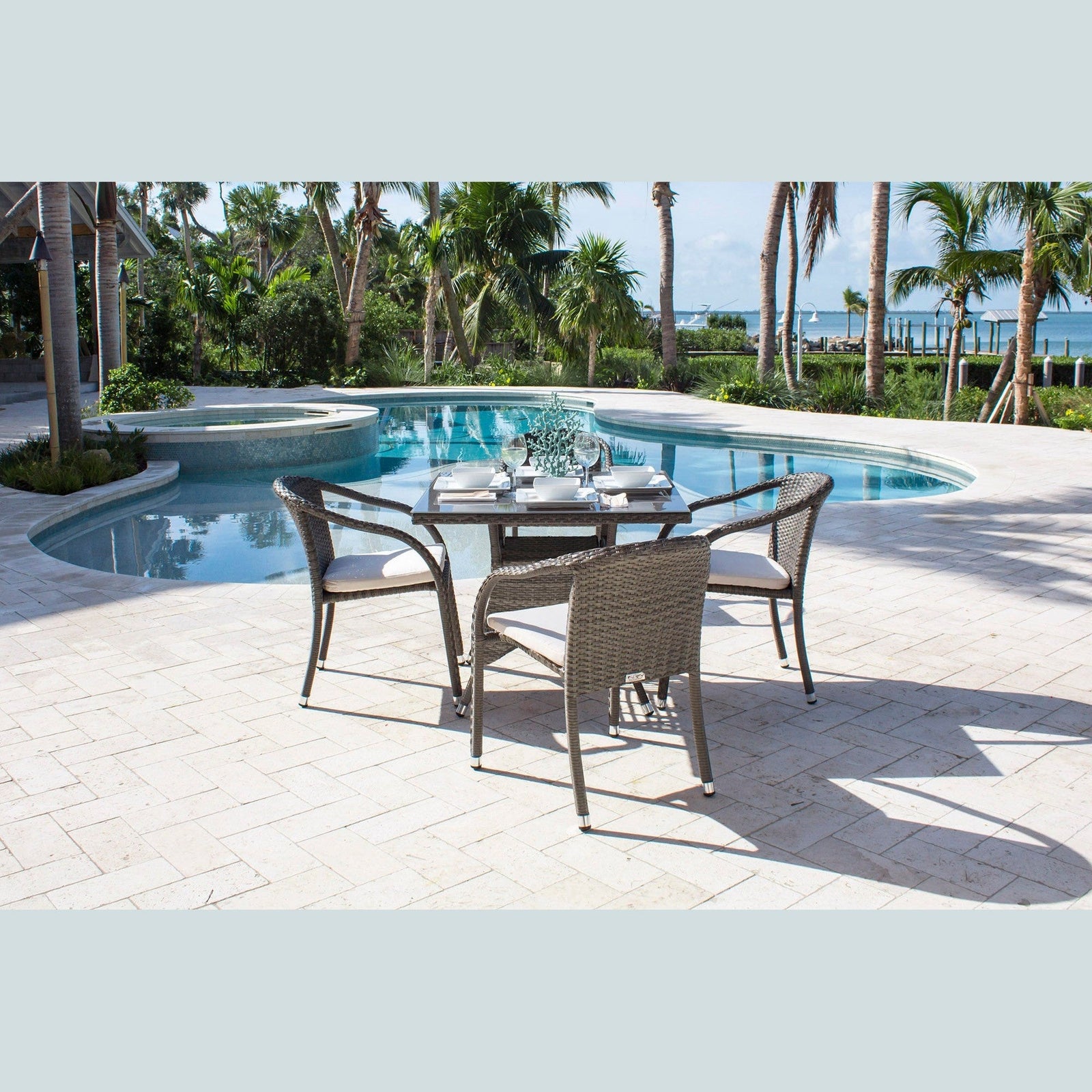 Ultra 5-Piece Stackable Woven Armchair Dining Set with Cushions | Hospitality Rattan Patio