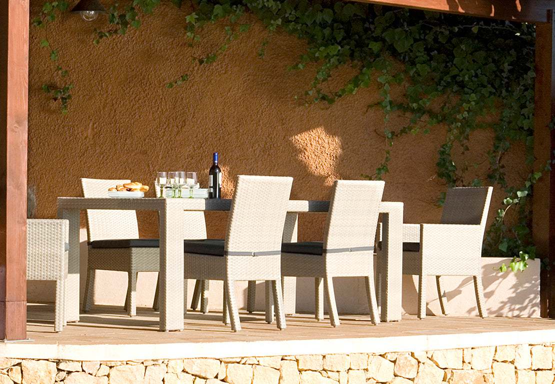 Rubix 7-Piece Armchair Dining Set with Cushions | Hospitality Rattan Patio