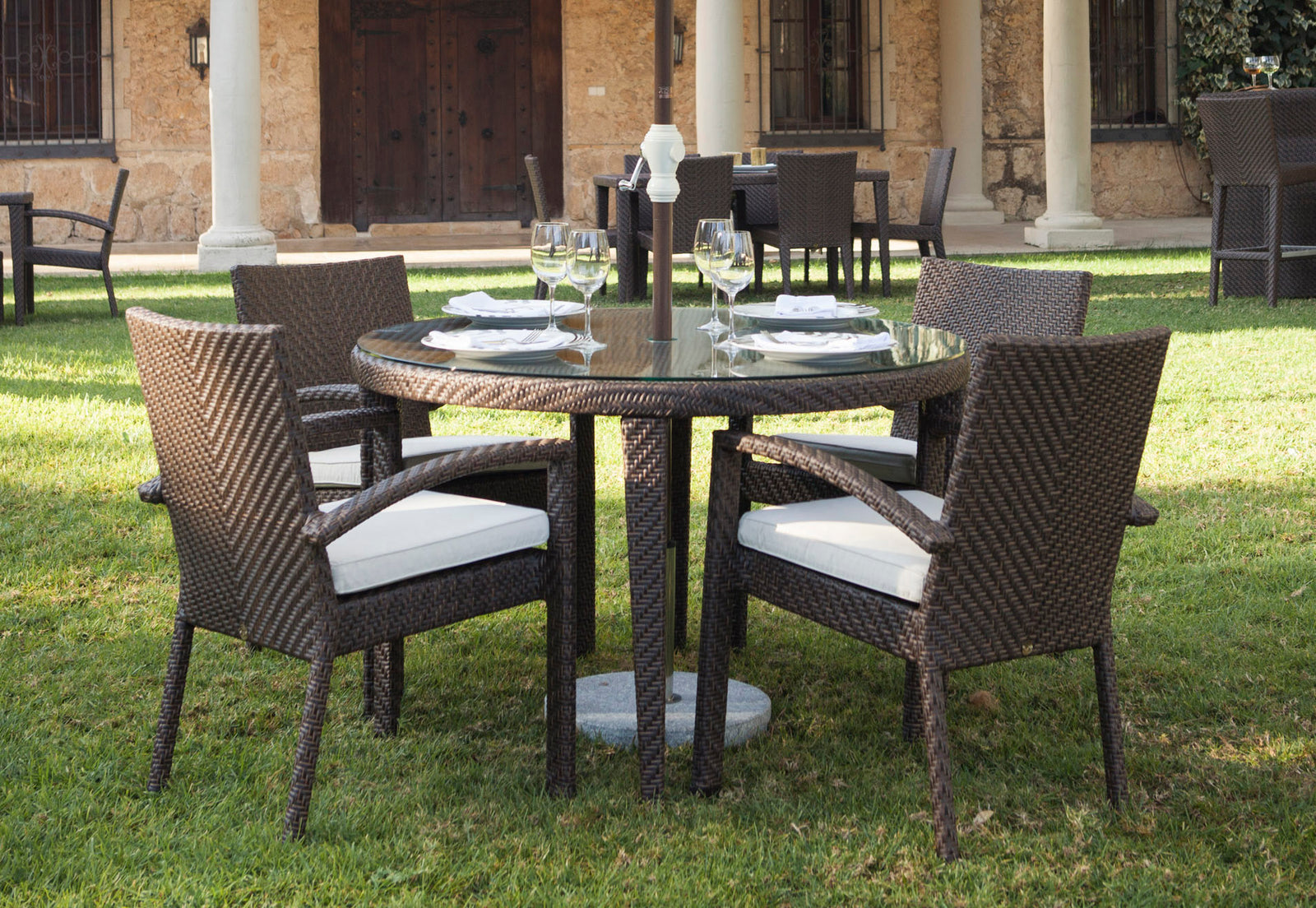 Soho 5-Piece Round Dining Arm Chair Set with Cushions | Hospitality Rattan Patio