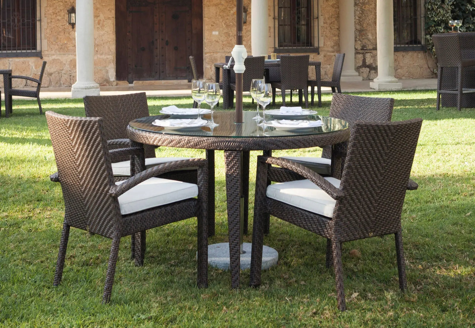 Soho 5-Piece Round Dining Arm Chair Set with Cushions | Hospitality Rattan Patio