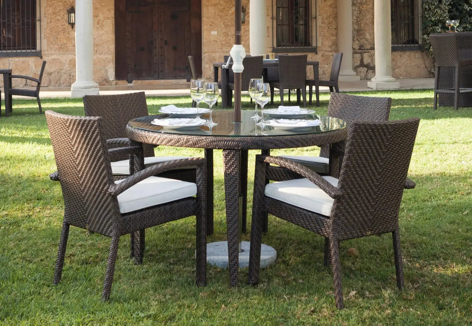 Soho 5-Piece Round Dining Arm Chair Set with Cushions | Hospitality Rattan Patio