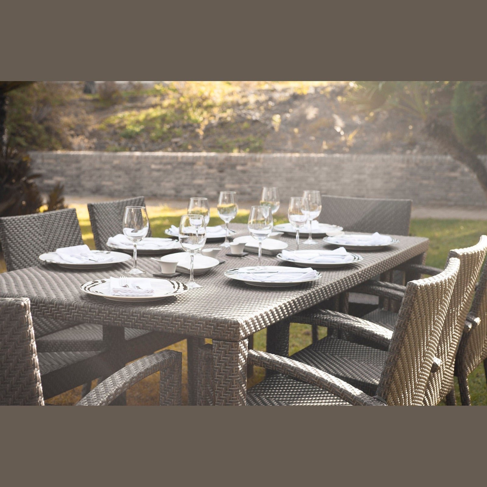 Soho 9-Piece Rectangular Dining Arm Chair Set with Cushions | Hospitality Rattan Patio