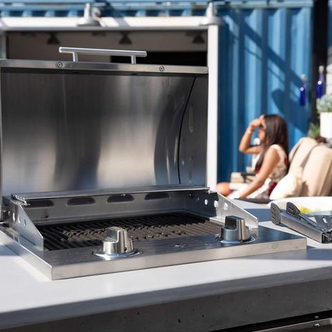 RTA Outdoor Living Electric Grill Island with Refrigeration Stacked Stone and Stone Gray RTAC-E3F - BetterPatio.com