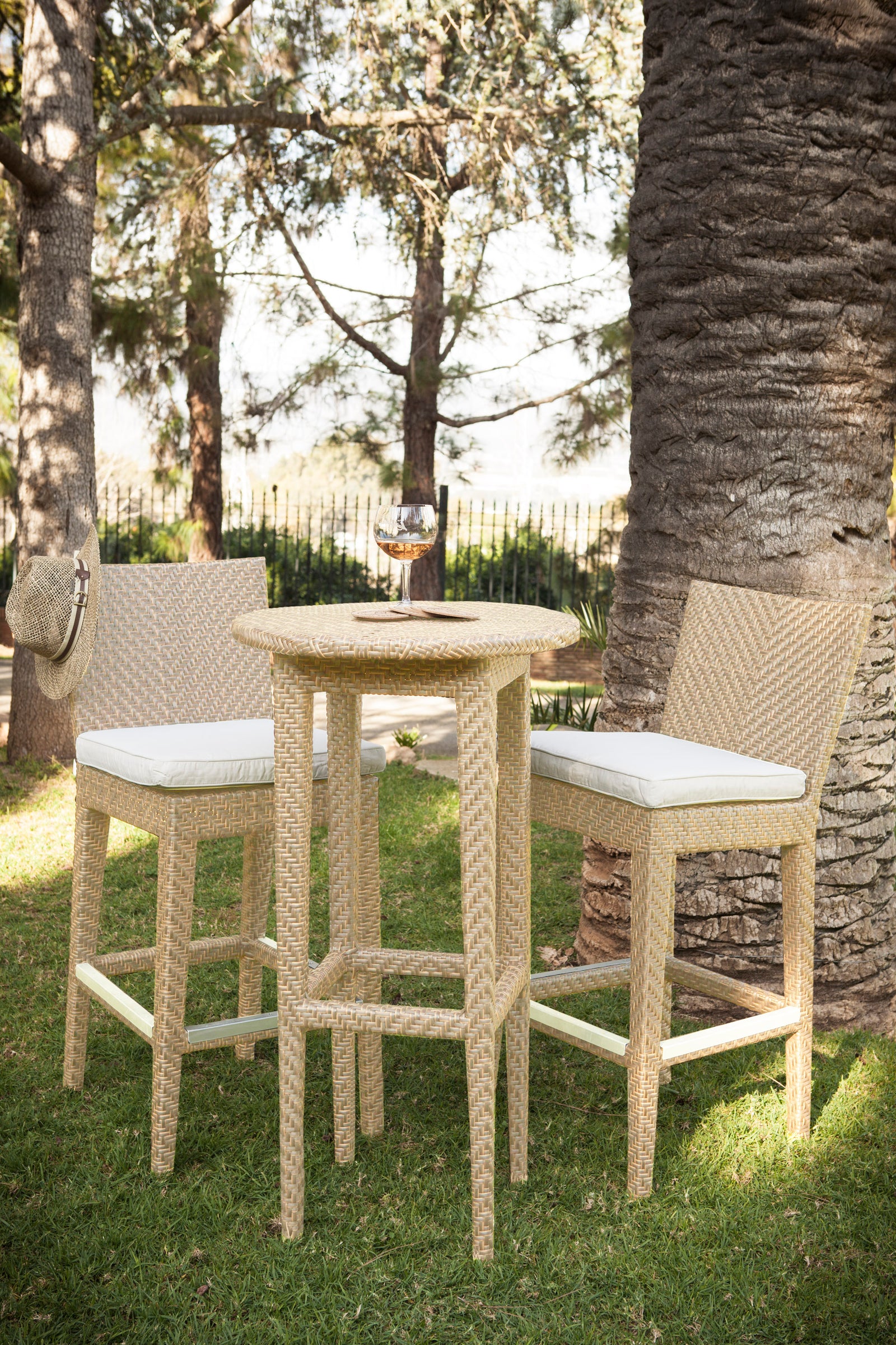 Panama Jack Austin 3-Piece Round Pub Table Set with Cushions - BetterPatio.com