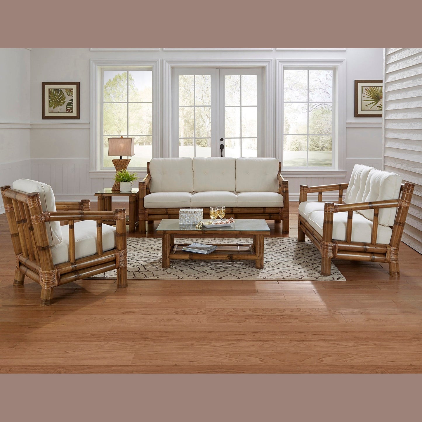 Panama Jack Sunroom Kauai Bamboo 5 PC Living Set with Cushions PJS-4001-NAT-5PS - BetterPatio.com