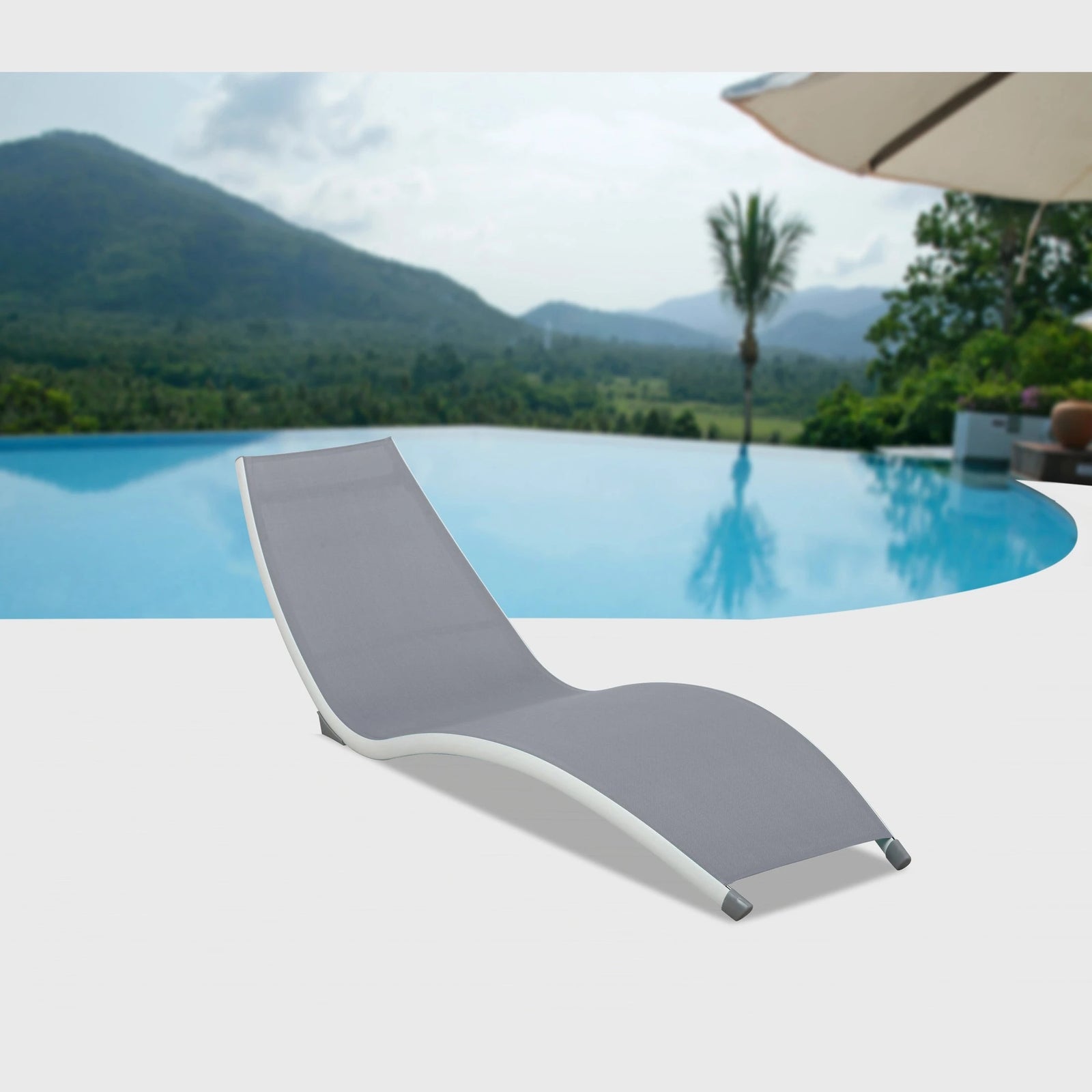 Hospitality Rattan Helix Set of 2 Stackable Grey Sling Chaise Lounge - grey sling outdoor chaise lounge