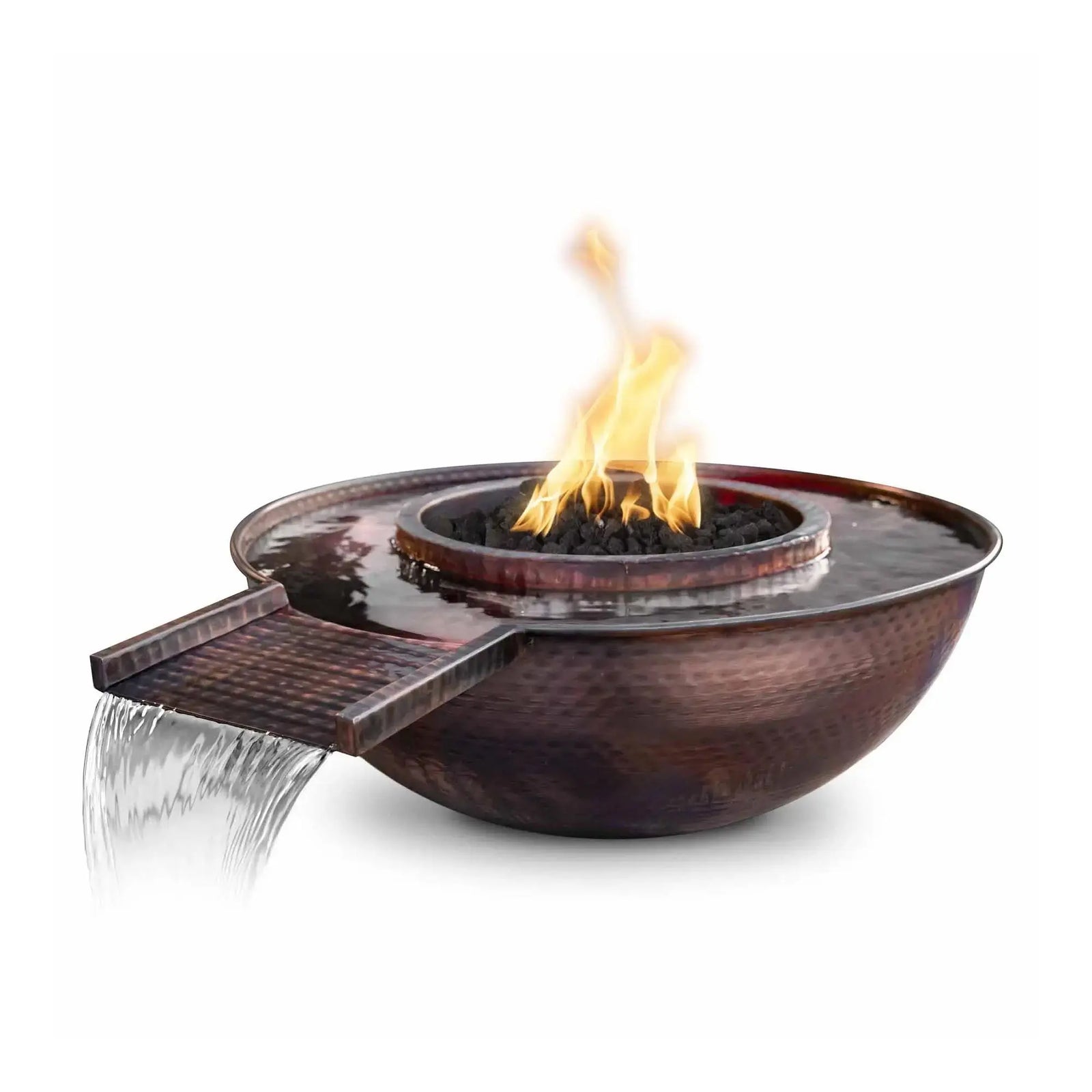 The Outdoor Plus 27" Sedona Hammered Copper Fire and Water Bowl - Gravity Spill