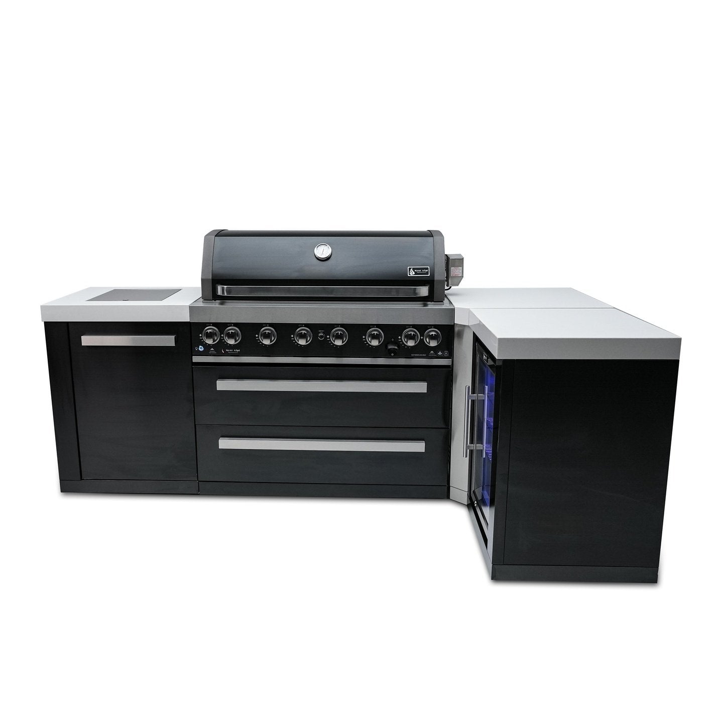 Mont Alpi L Shaped Grill Island with 805 Deluxe Gas Grill, Outdoor Rated Fridge Cabinet, Infrared Side Burner, Black Stainless Steel - MAi805-BSS90FC