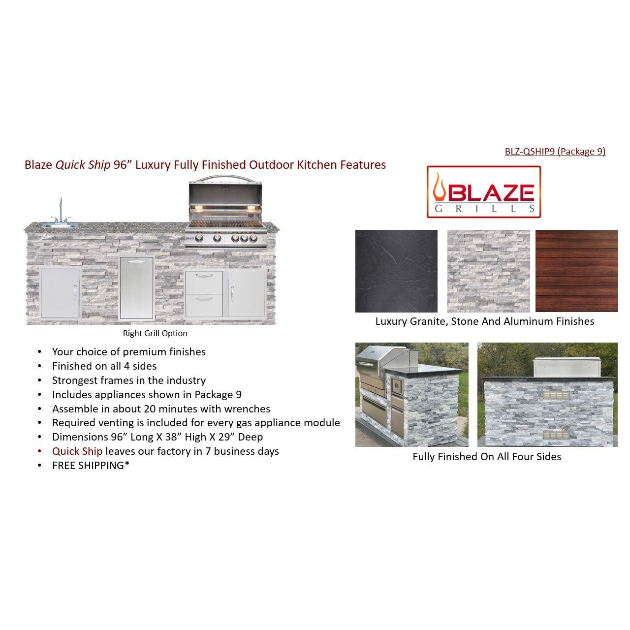 Big Ridge Outdoor KitchensBig Ridge Outdoor Kitchens Blaze Quick Ship 96" Luxury Finished Outdoor Kitchen PKG 9 BLZ-QSHIP9_right- BetterPatio.com