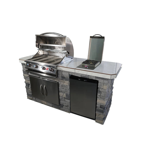 Cal FlameCal Flame 7 foot BBQ Island with Four Burner Grill, Fridge, Side Burner and More - BBK701-GS LBK701-GS- BetterPatio.com