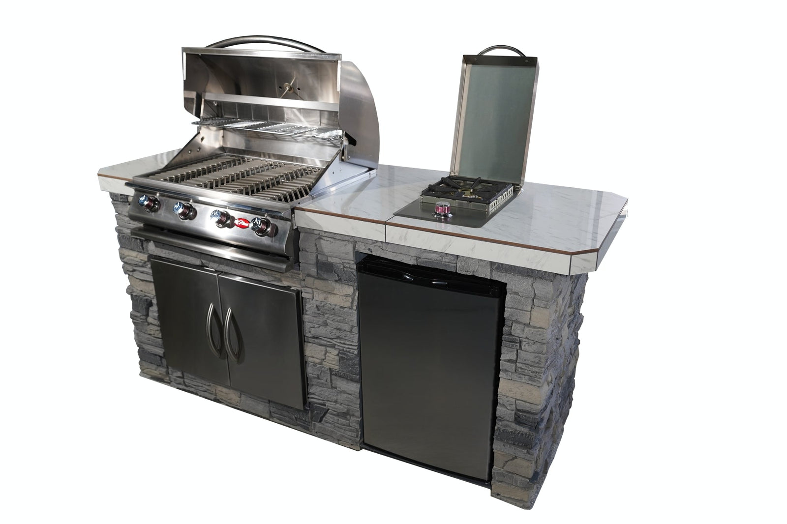 Cal FlameCal Flame 7 foot BBQ Island with Four Burner Grill, Fridge, Side Burner and More - BBK701-GS LBK701-GS- BetterPatio.com
