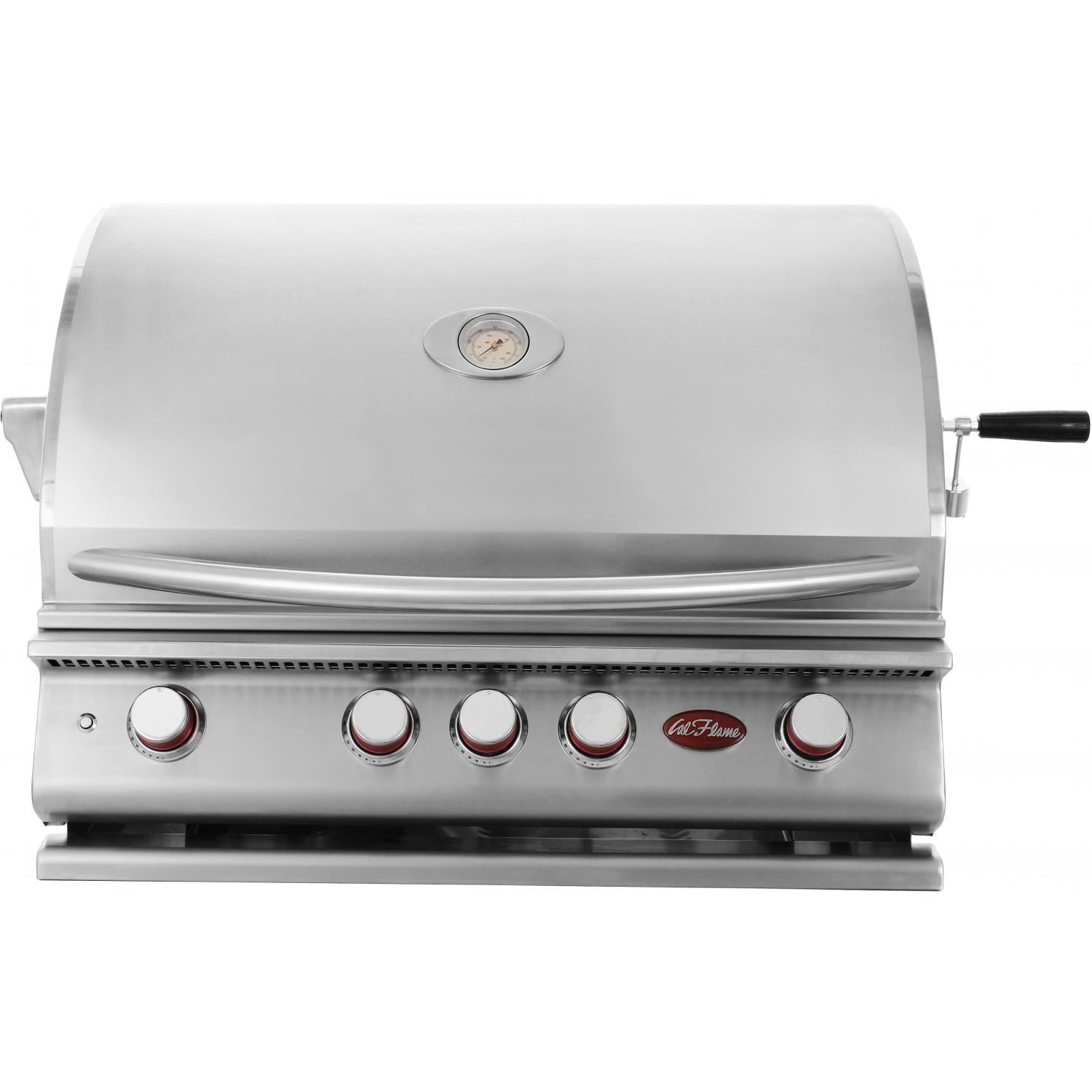 Cal FlameCal Flame 7 foot Wood Panel Grill Island with Tile Top and 4-Burner Gas Grill in Stainless Steel LBK-710-AX- BetterPatio.com
