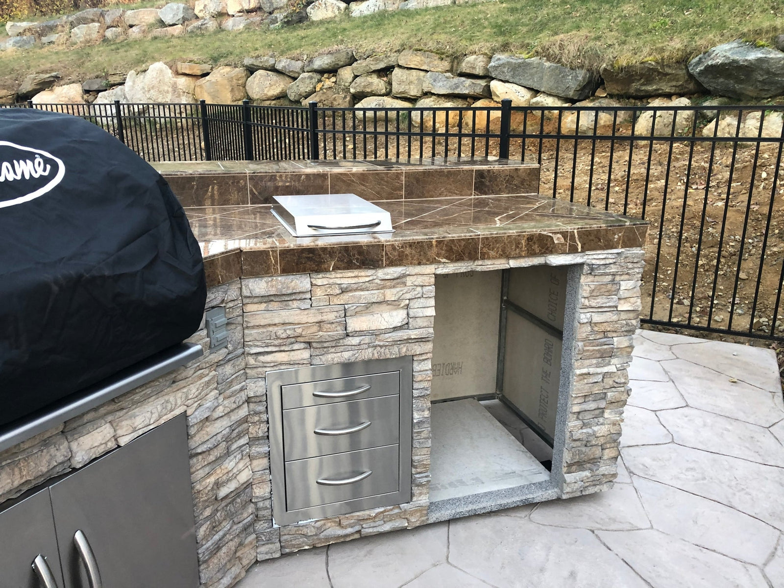 Cal FlameCal Flame Customizable 15 Foot Grand Pavilion BBQ Island with Bar Seating GPV3100 GPV3100- BetterPatio.com