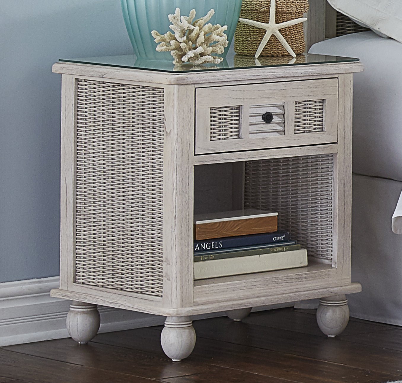 Hospitality Rattan HomeCoastal Breeze One Drawer Nightstand w/Glass 1219-5001-WW-GL- BetterPatio.com