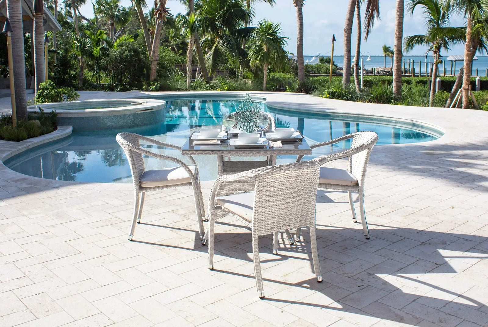Hospitality Rattan PatioAthens 5-Piece Armchair Dining Set with Cushions 895-1147-WW-5DA-CUSH/SU-705- BetterPatio.com