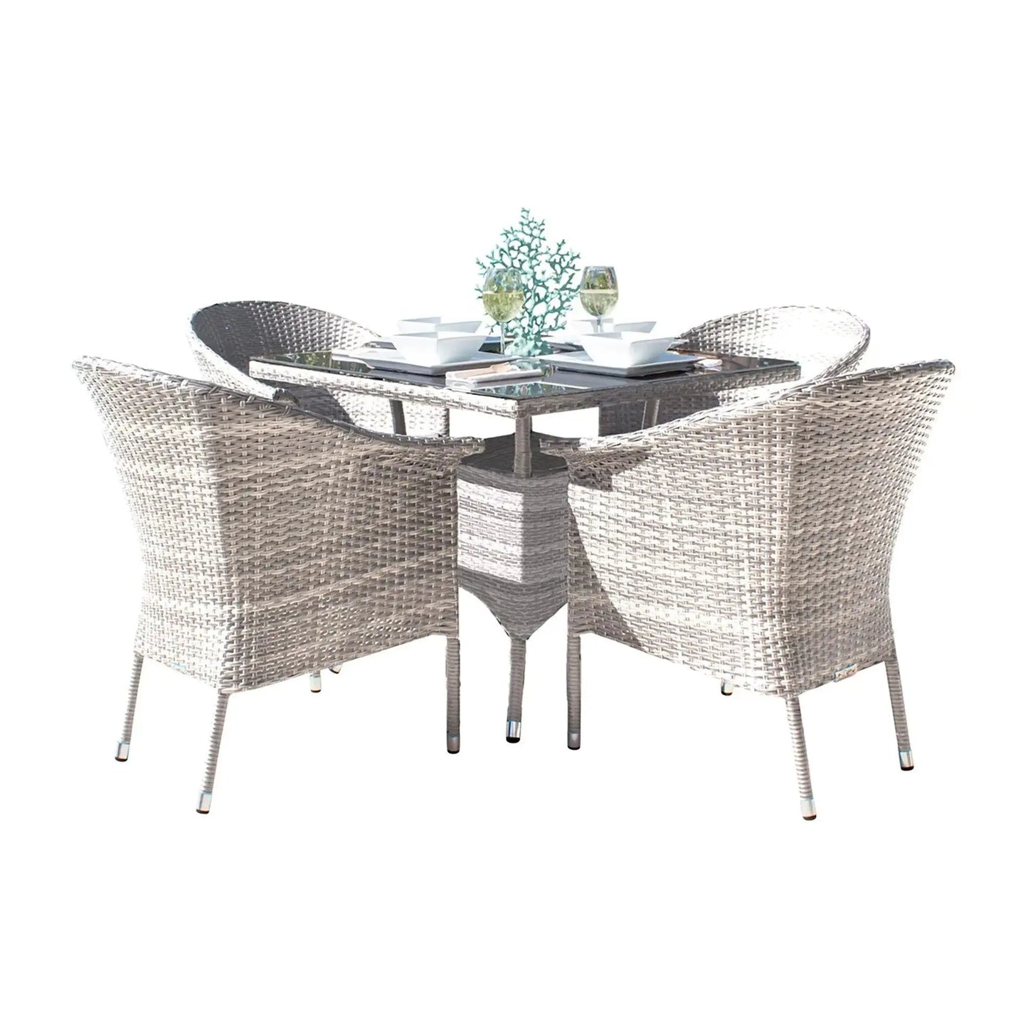 Hospitality Rattan PatioAthens 5-Piece Woven Armchair Dining Set with Cushions 895-1130-WW-5DA-CUSH- BetterPatio.com