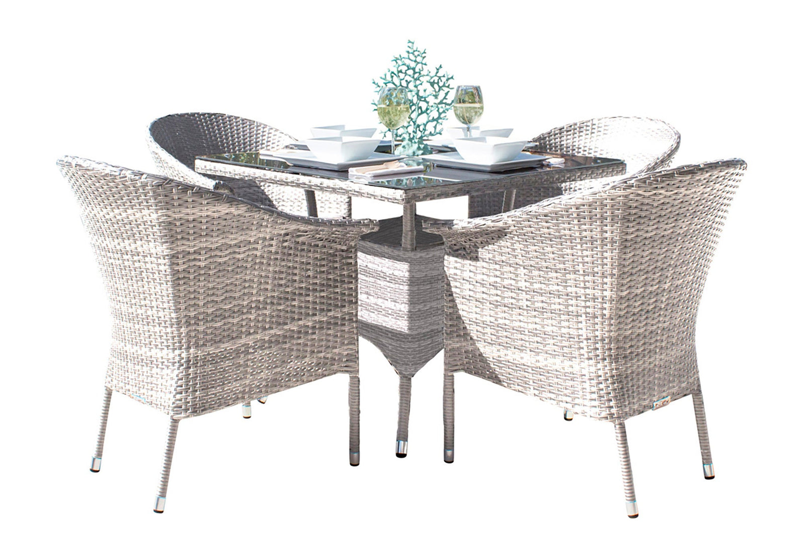 Hospitality Rattan PatioAthens 5-Piece Woven Armchair Dining Set with Cushions 895-1130-WW-5DA-CUSH/SU-705- BetterPatio.com