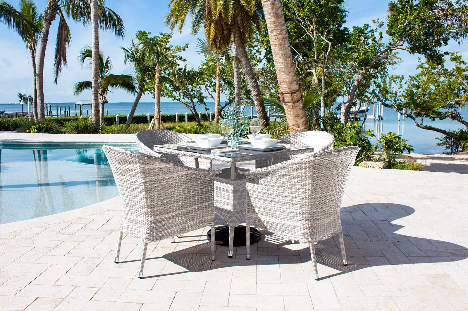 Hospitality Rattan PatioAthens 5-Piece Woven Armchair Dining Set with Cushions 895-1130-WW-5DA-CUSH/SU-705- BetterPatio.com