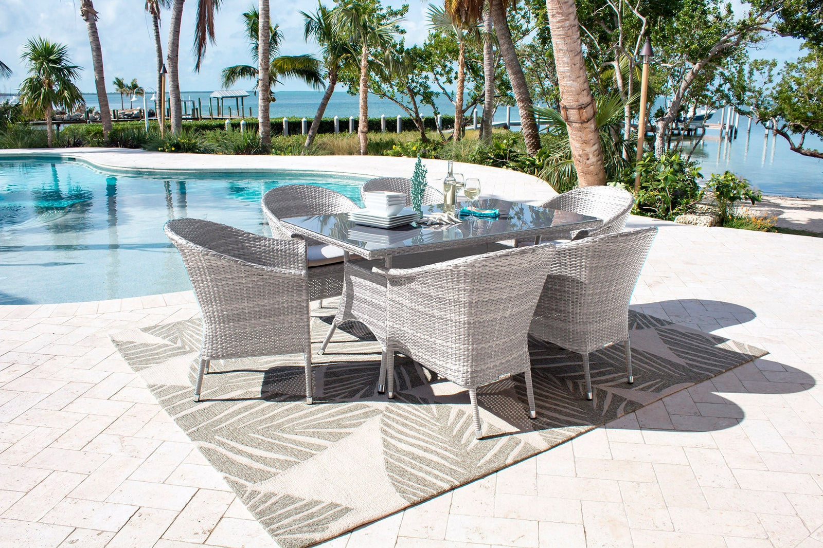Hospitality Rattan PatioAthens 7-Piece Woven Armchair Dining Set with Cushions 895-1130-WW-7DA-CUSH/SU-705- BetterPatio.com