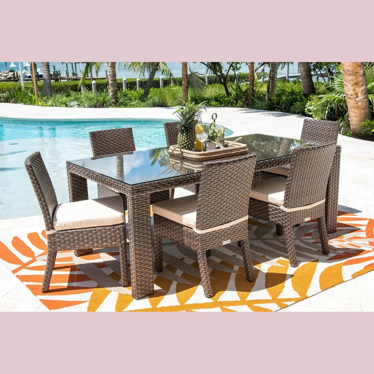 Hospitality Rattan PatioFiji 7-Piece Side Chair Dining Set with Cushions 901-3347-ATQ-7DS-CUSH/SU-705- BetterPatio.com