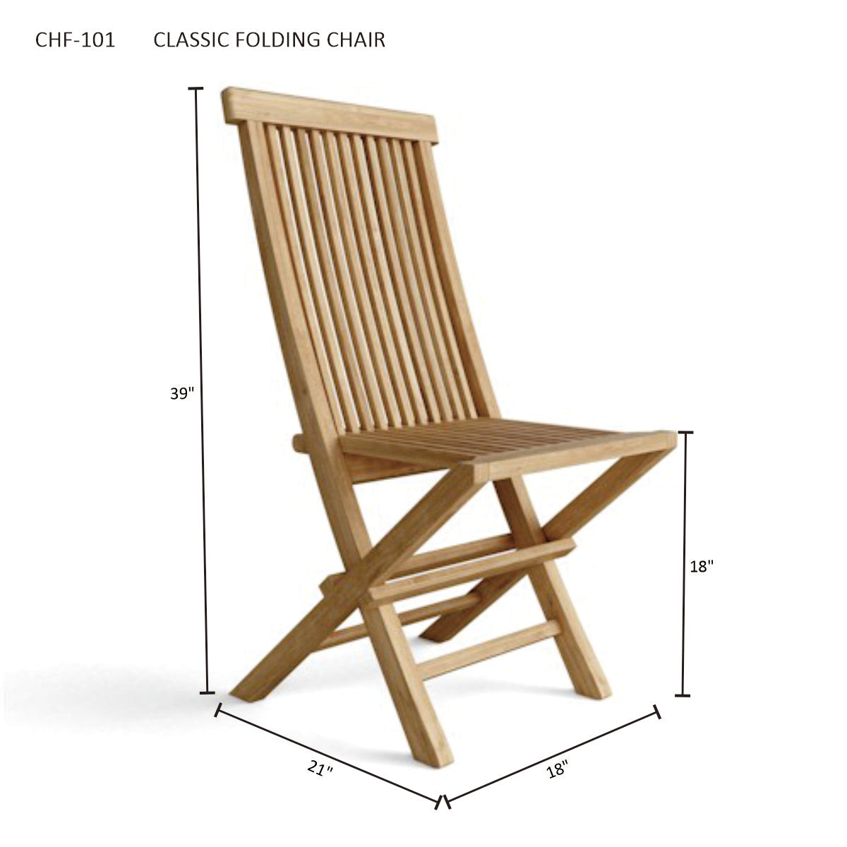 Wooden folding chair with dimensions on a white background