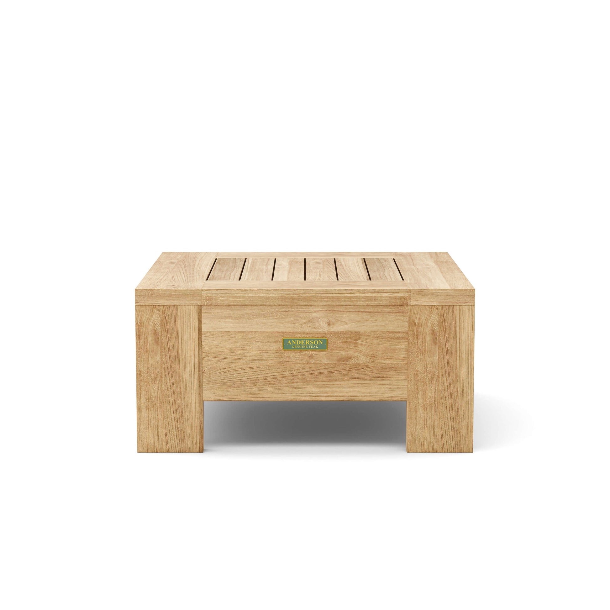 Wooden bench with a visible brand logo on a white background