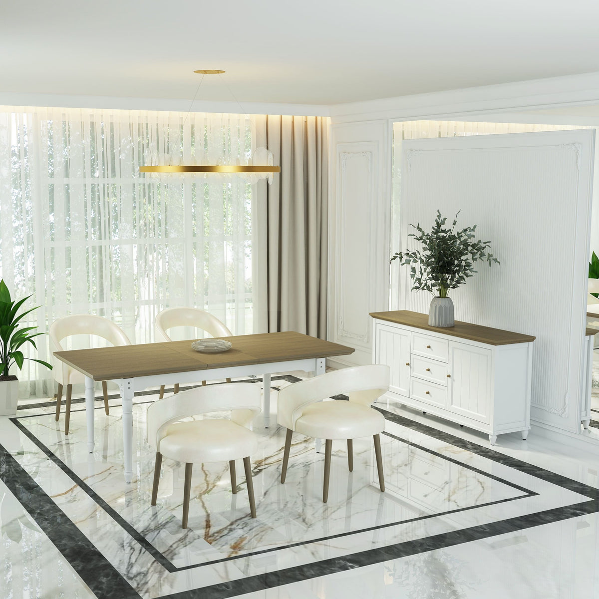 Modern dining room with a table, chairs, and a sideboard.