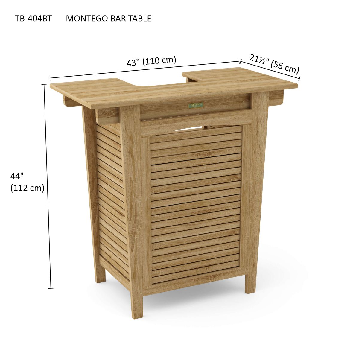 Wooden bar table with dimensions on a white background
