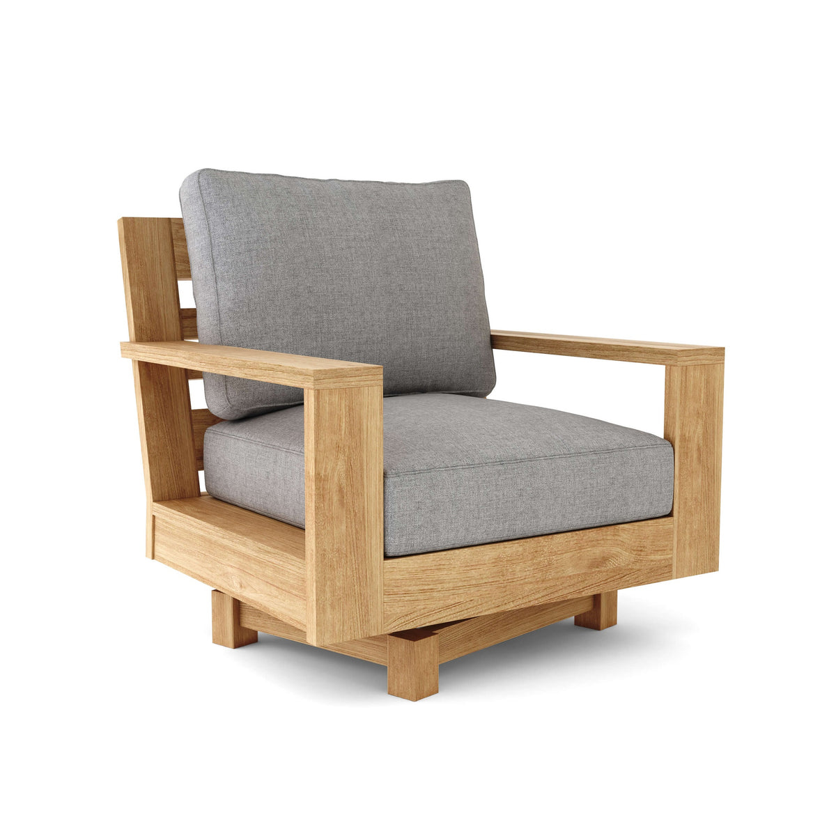 Wooden armchair with gray cushions on a white background