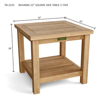 Wooden side table with dimensions labeled on a white background