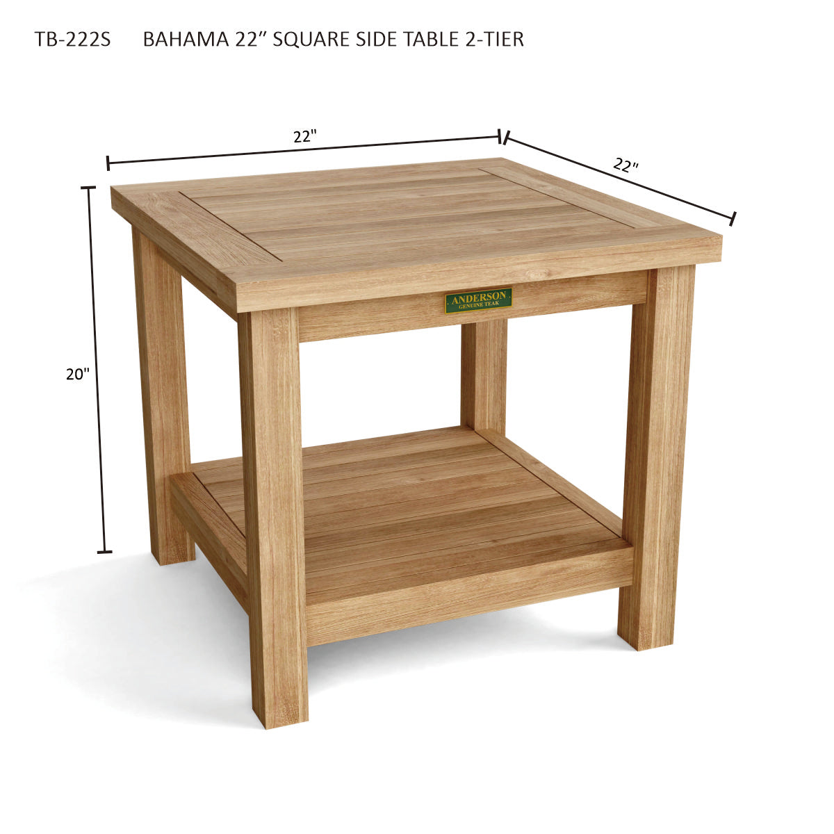 Wooden side table with dimensions labeled on a white background