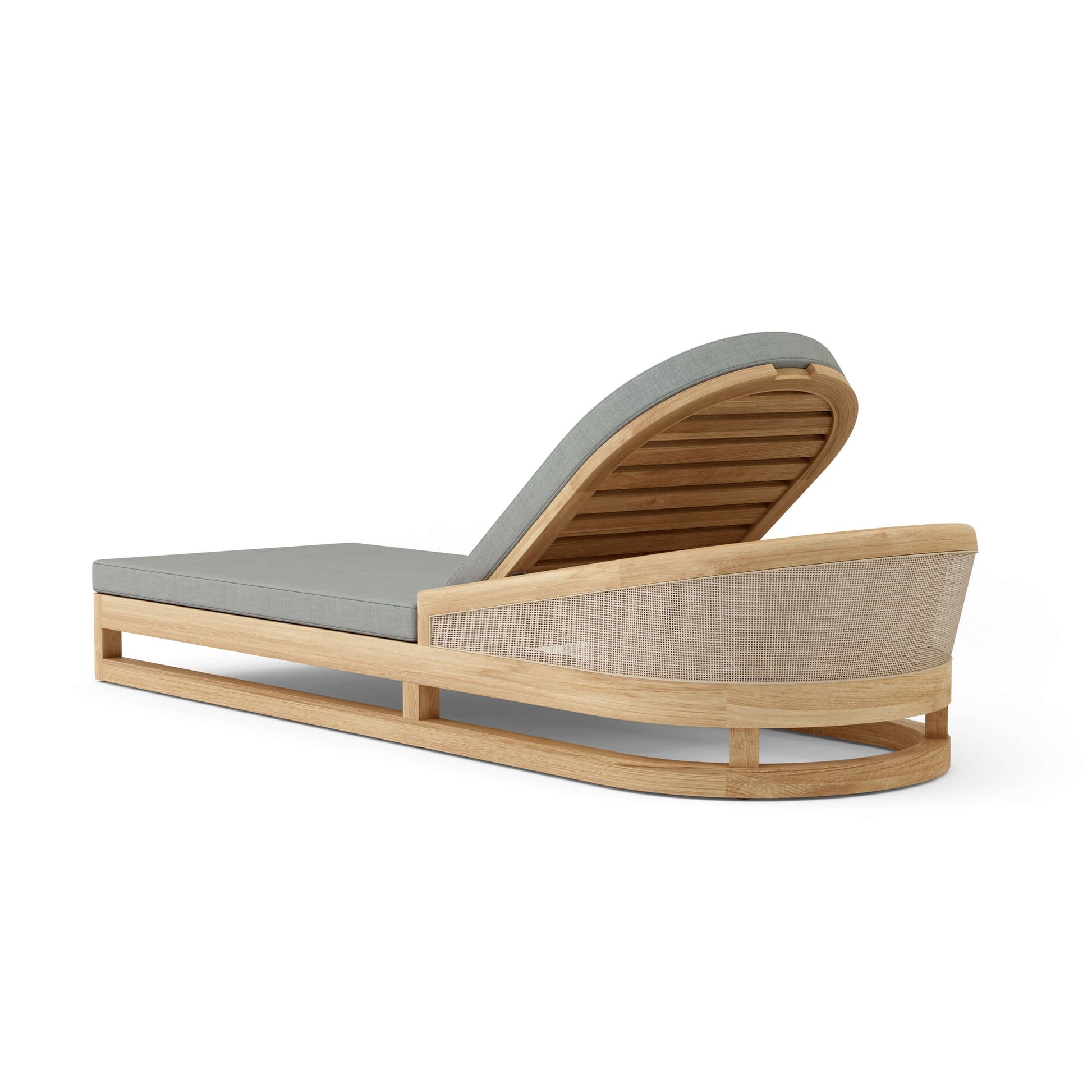 Modern lounge chair with wooden frame and gray cushion on a white background