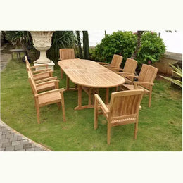 Sahara 9-Piece Teak Oval Dining Set with Extension Table & Stackable Armchairs
