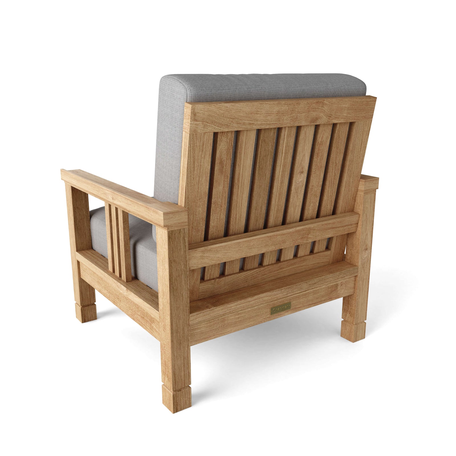 Wooden armchair with gray cushion on a white background
