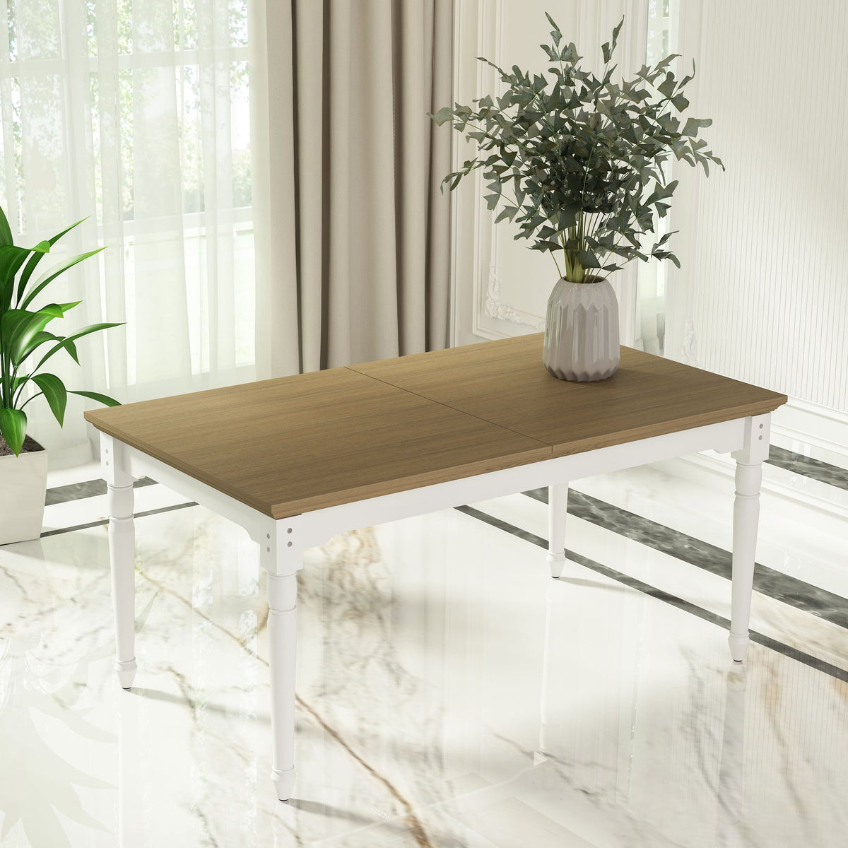 Wooden table with a white base in a bright room with plants and curtains.