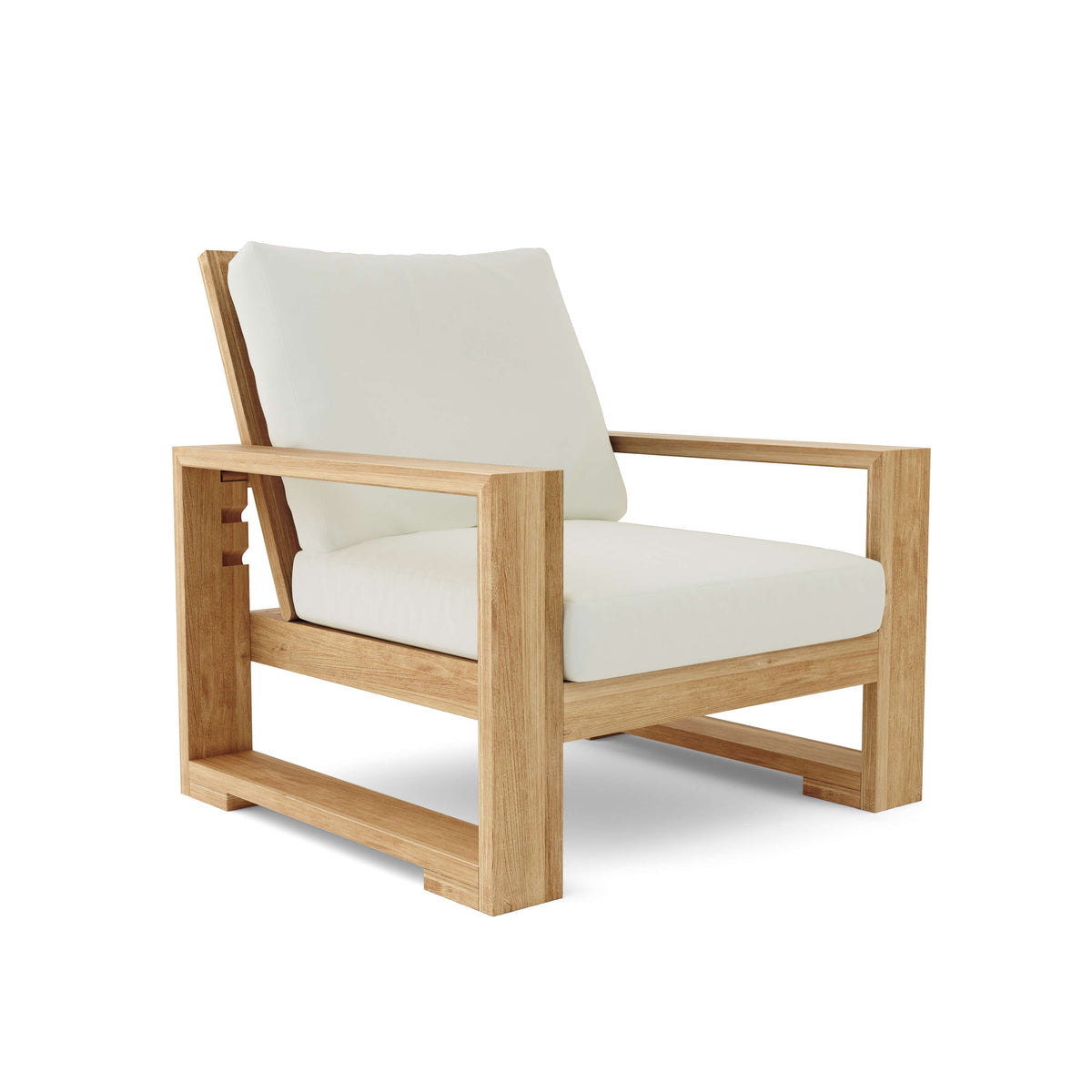 Wooden armchair with white cushions on a white background