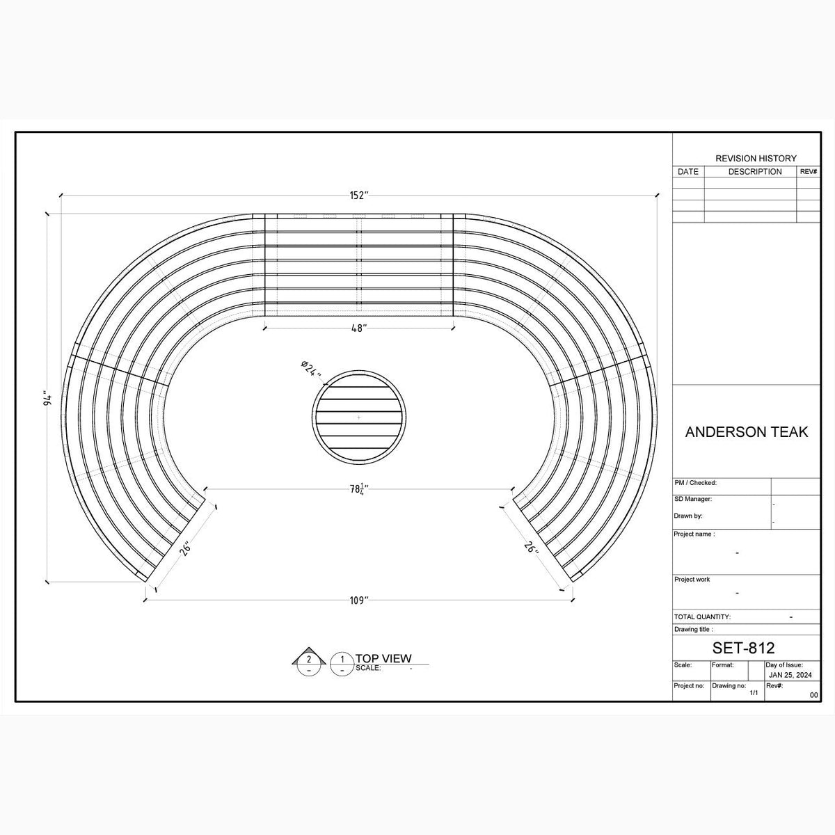 Technical drawing of a circular design with measurements and labels, likely for Anderson Teak product.