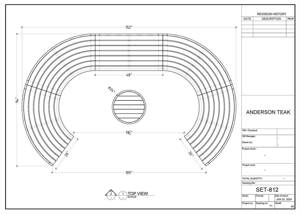 Technical drawing of a circular design with measurements and labels, likely for Anderson Teak product.