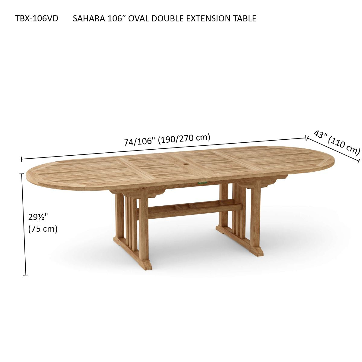 Wooden oval extension table with dimensions on a white background