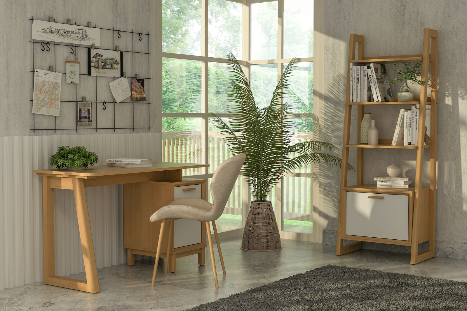 Home office with wooden desk, chair, and bookshelf against a window with plants.