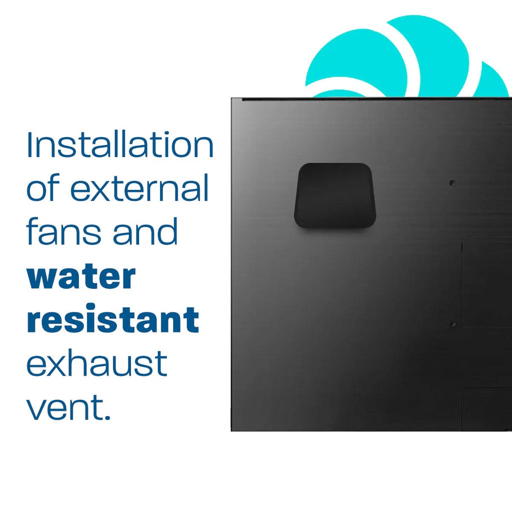 Black exhaust vent with text about installation of external fans and water-resistant exhaust vent on a white background.