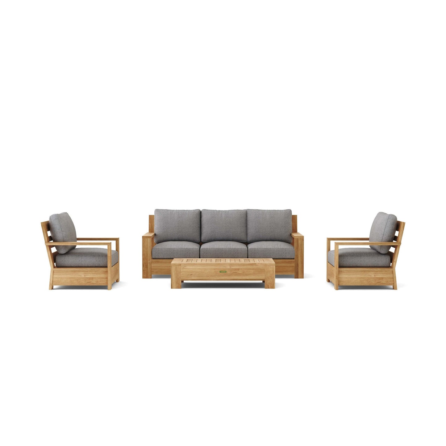Outdoor furniture set with wooden frames and gray cushions on a white background