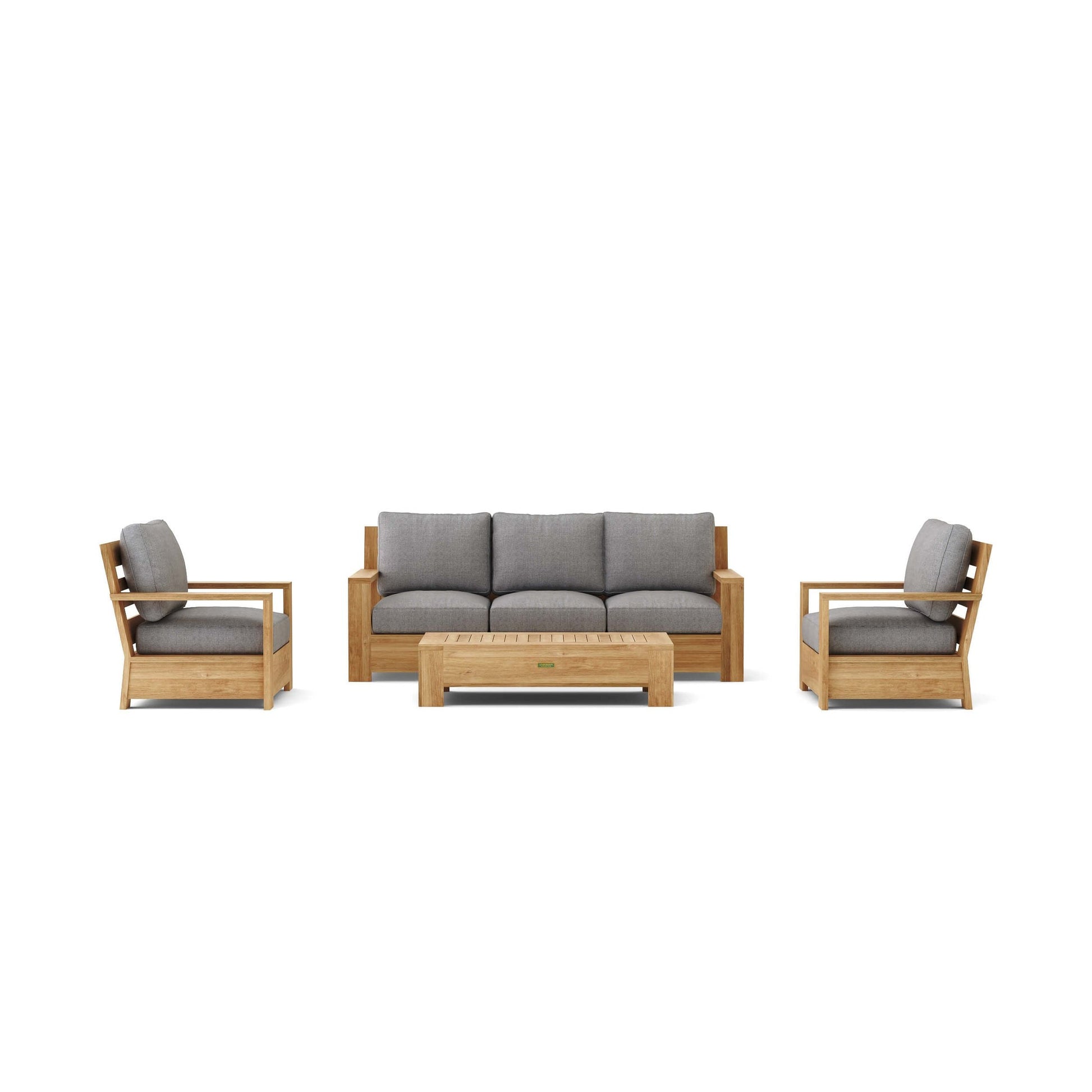 Outdoor furniture set with wooden frames and gray cushions on a white background