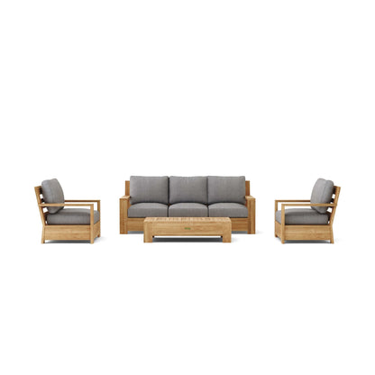 Outdoor furniture set with wooden frames and gray cushions on a white background