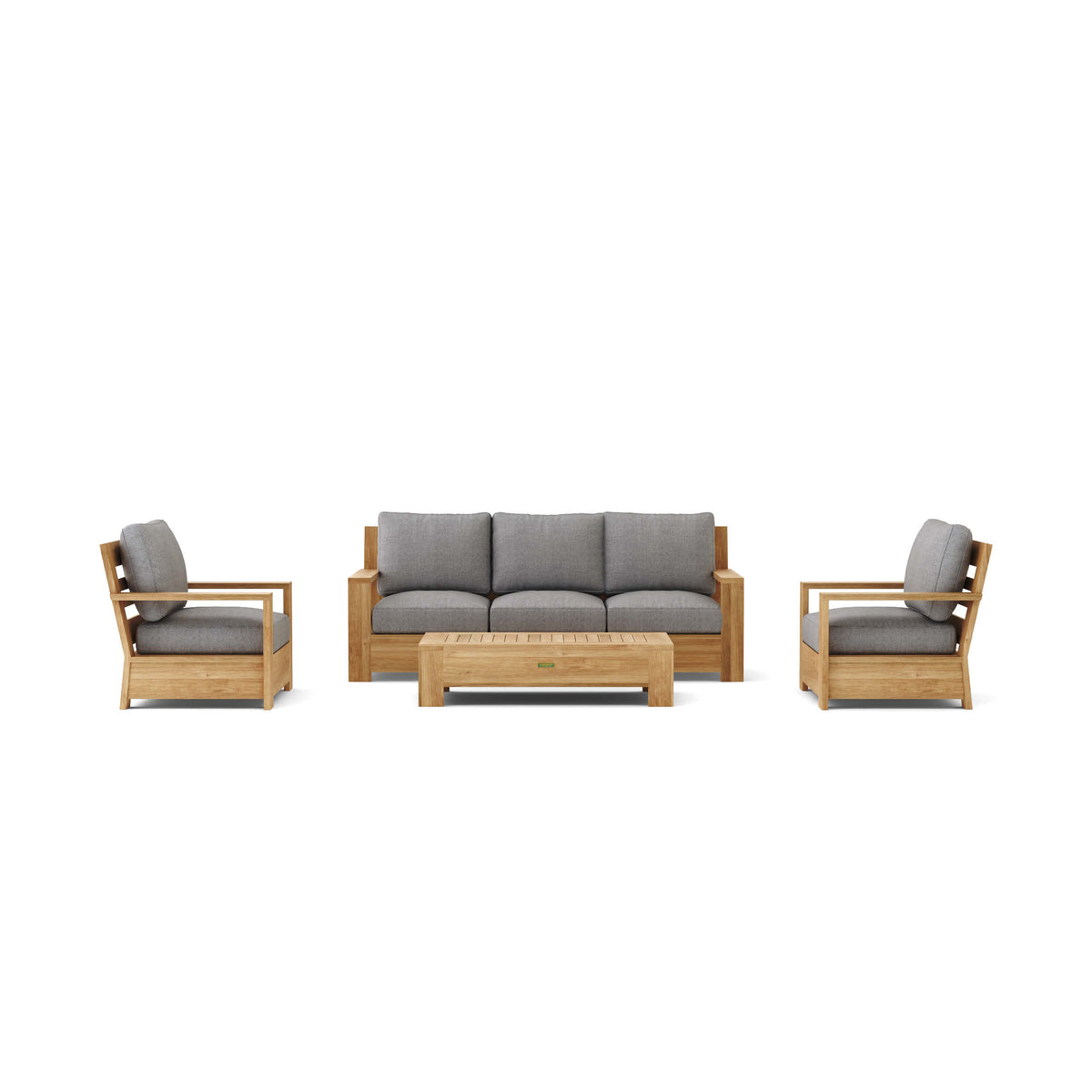 Outdoor furniture set with wooden frames and gray cushions on a white background